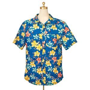 Old Navy Men’s Hawaiian Shirt Large Blue Tropical Floral Summer Button Up